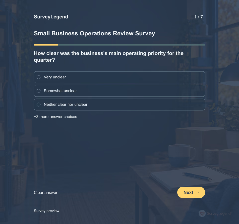 Preview of the Small Business Operations Review Survey Template showing its first question and answer choices