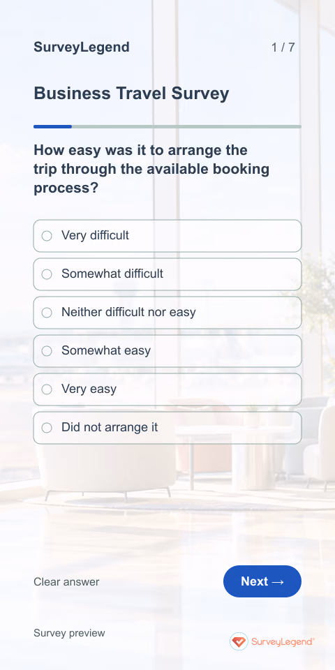 Business Travel Survey: first question and response field, mobile preview