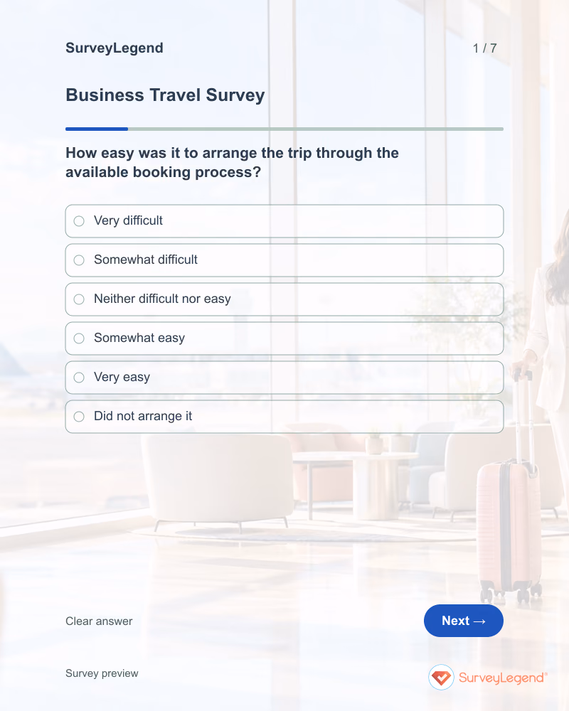 Business Travel Survey: first question and response field, tablet preview