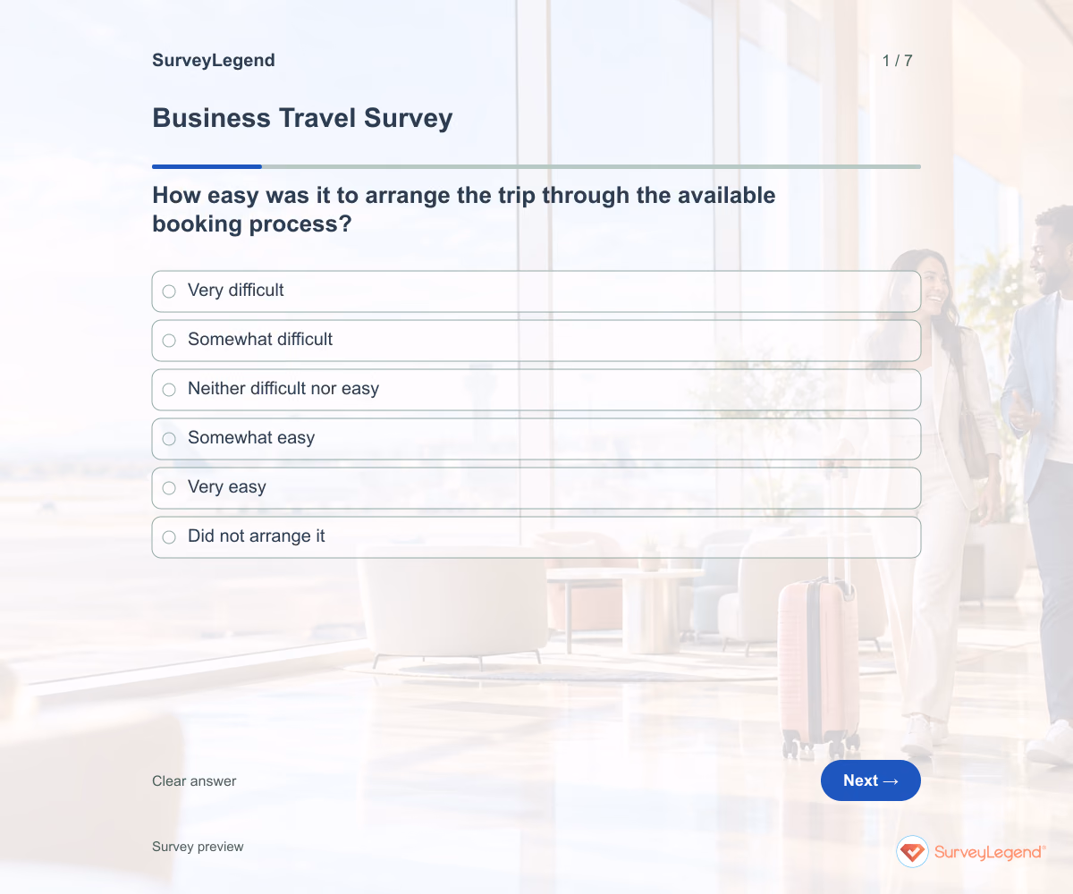 Preview of the Business Travel Survey demo showing its first question and answer choices