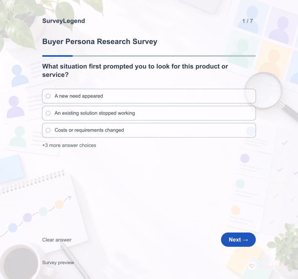 Preview of the Buyer Persona Research Survey Template showing its first question and answer choices