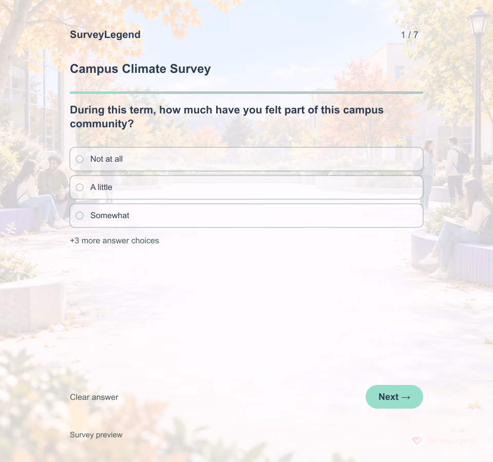 Preview of the Campus Climate Survey Template showing its first question and answer choices
