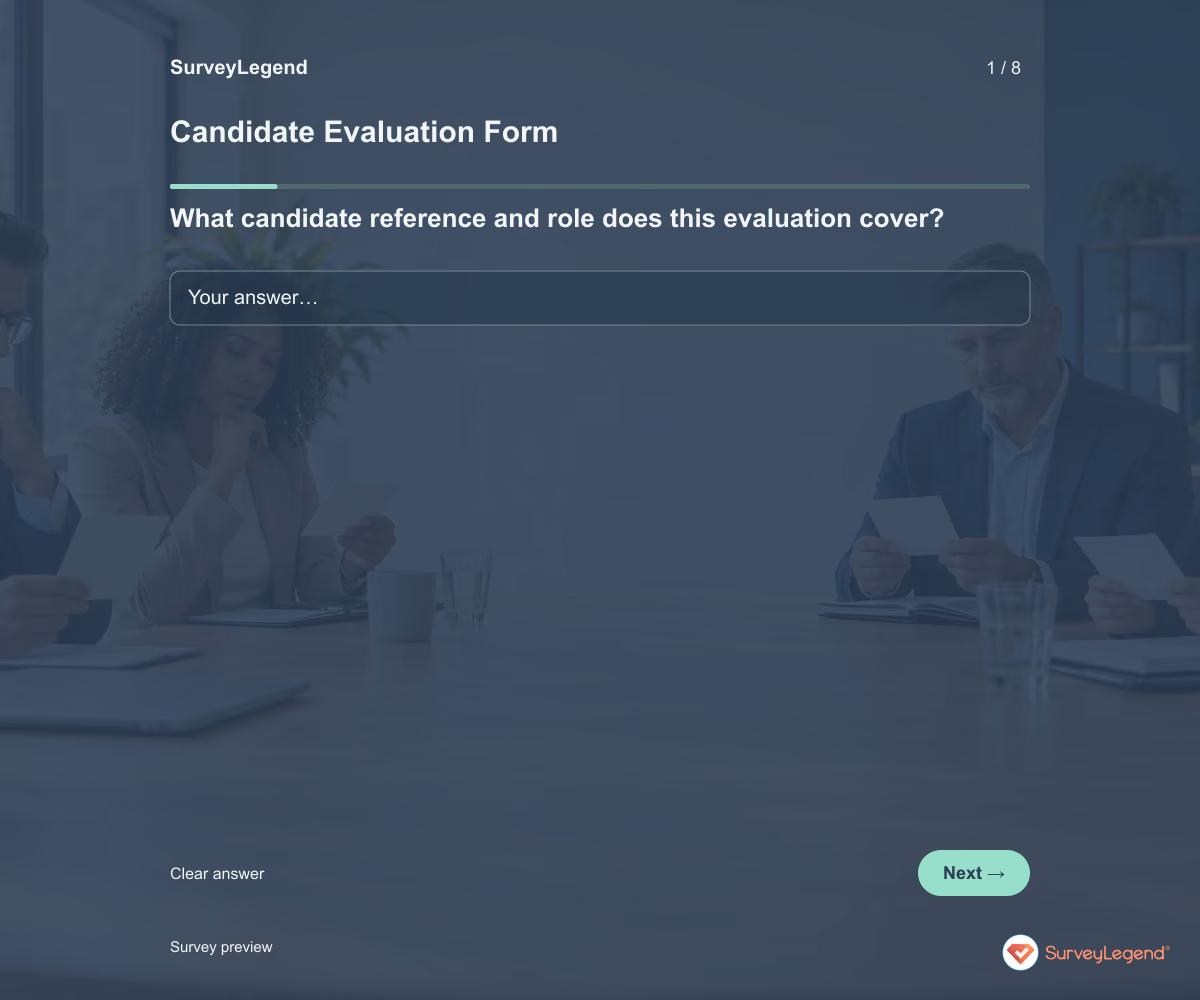 Preview of the Candidate Evaluation Form demo showing its first question and answer choices
