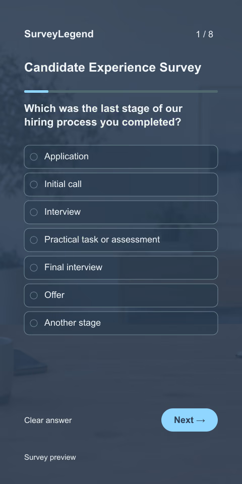 Candidate Experience Survey: first question and response field, mobile preview