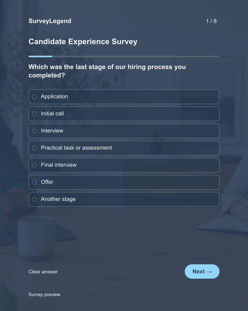 Candidate Experience Survey: first question and response field, tablet preview