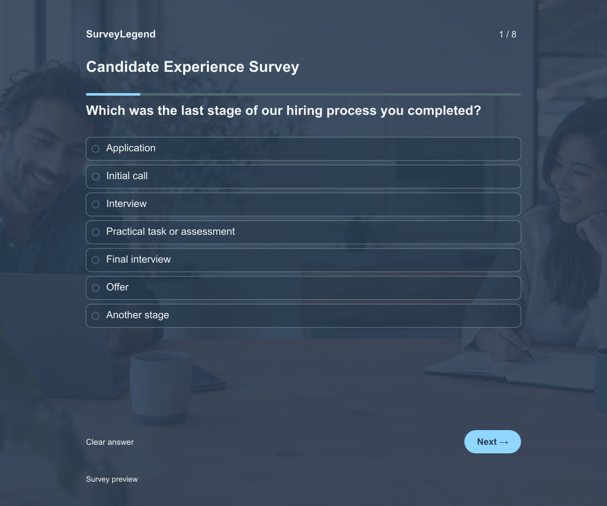 Preview of the Candidate Experience Survey demo showing its first question and response field