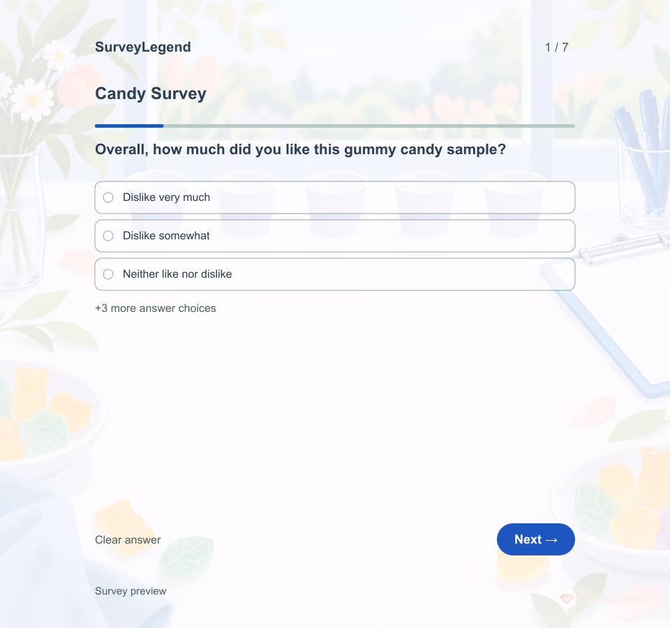 Preview of the Candy Survey Template showing its first question and answer choices