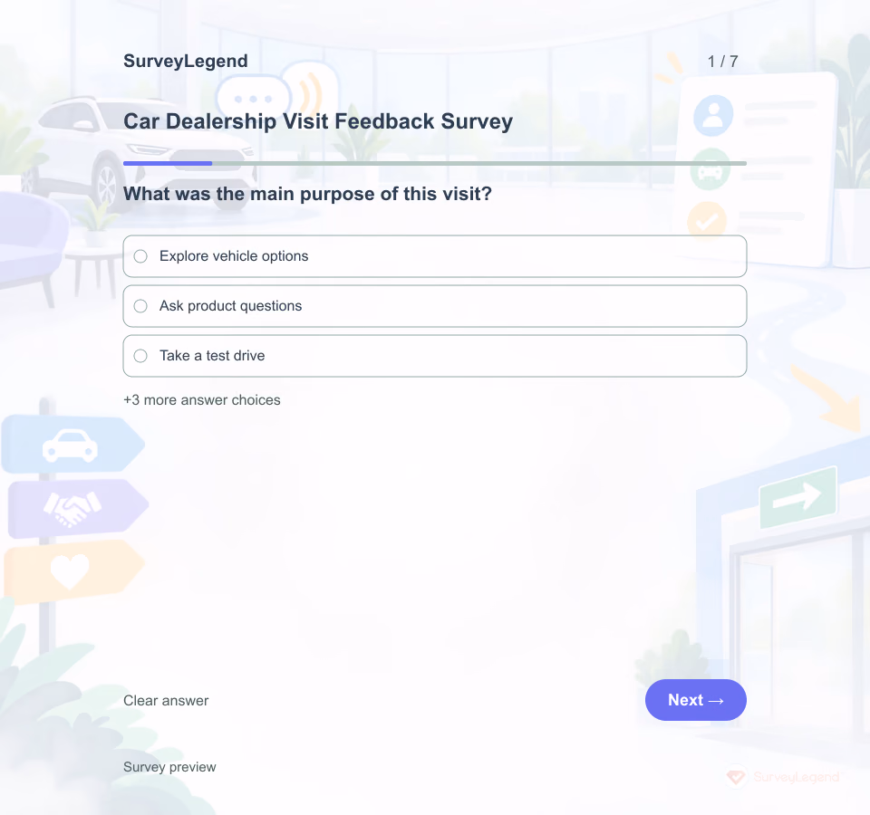 Preview of the Car Dealership Visit Feedback Survey Template showing its first question and answer choices
