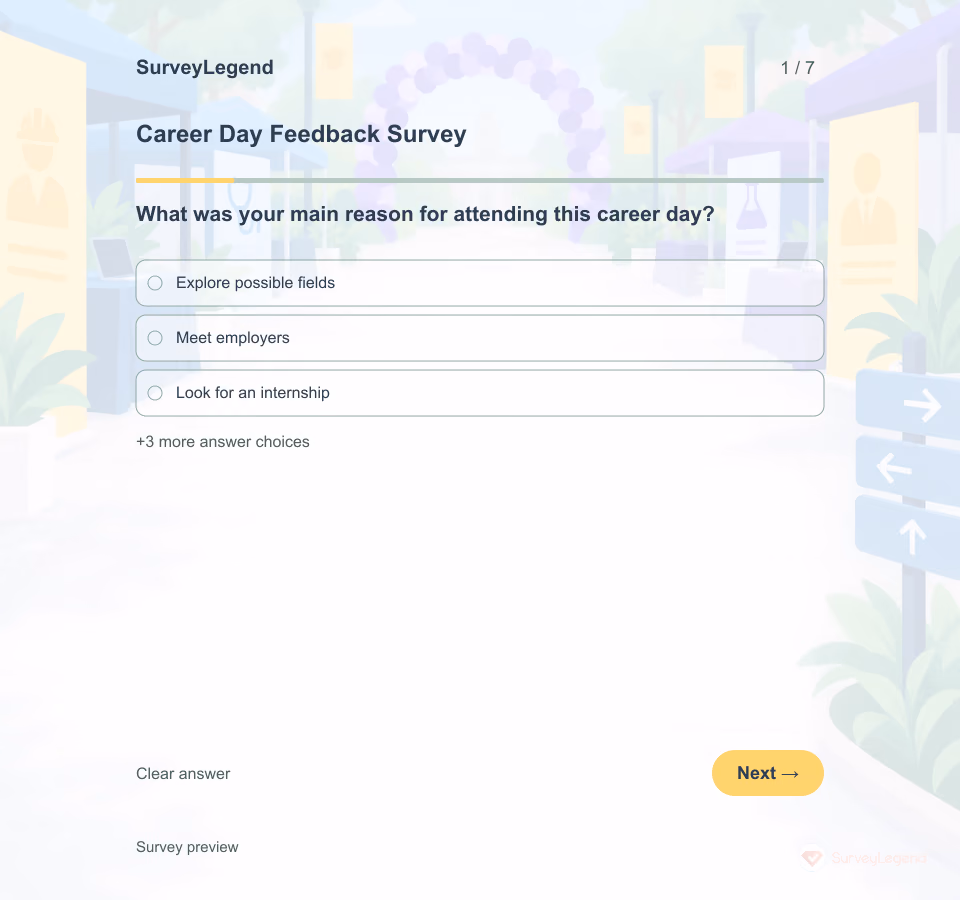 Preview of the Career Day Feedback Survey Template showing its first question and answer choices