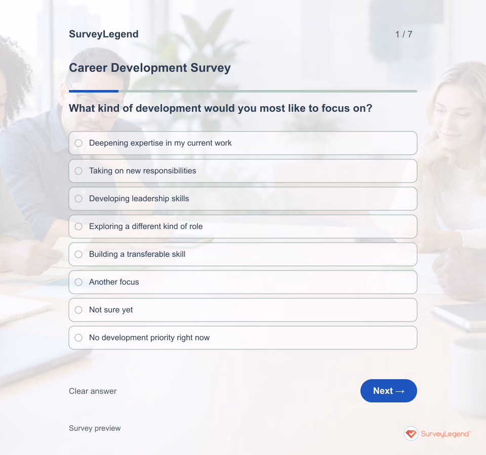 Preview of the Career Development Survey Template demo showing its first question and answer choices