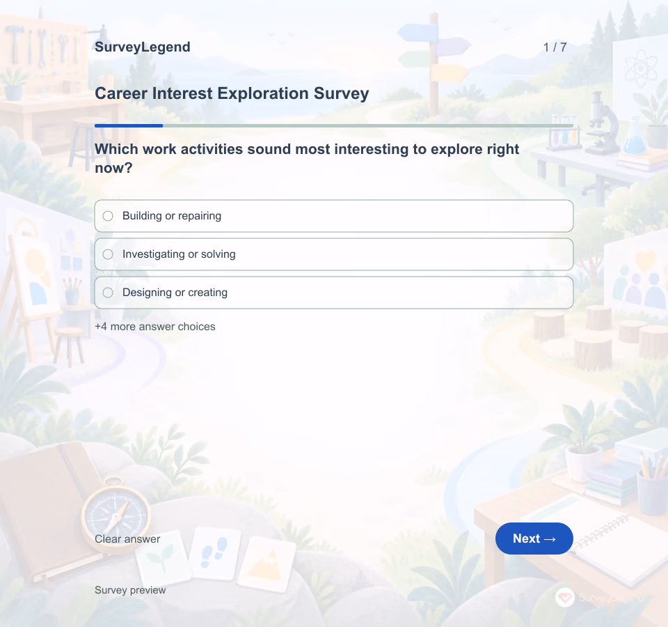 Preview of the Career Interest Exploration Survey Template showing its first question and answer choices