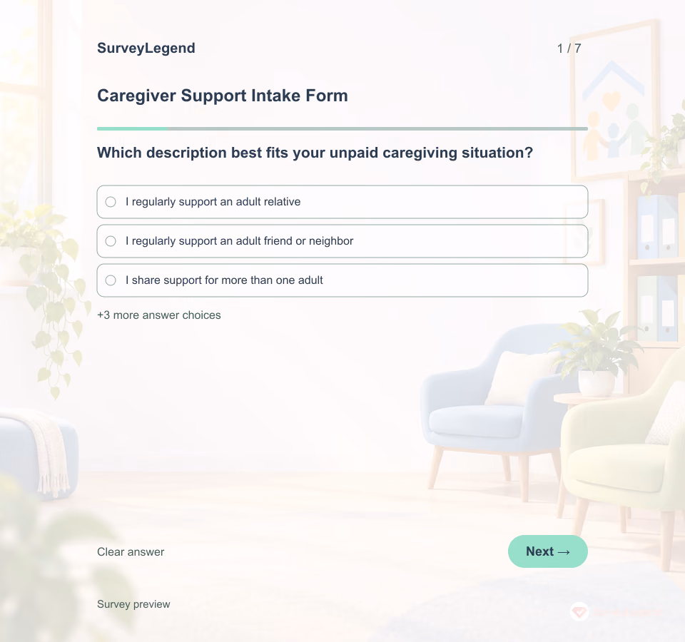 Preview of the Caregiver Support Intake Form Template showing its first question and answer choices