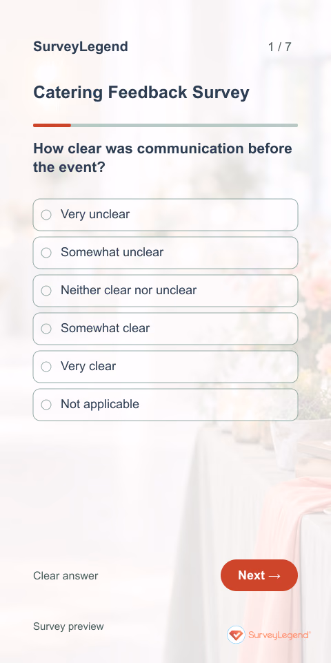 Catering Feedback Survey: first question and response field, mobile preview