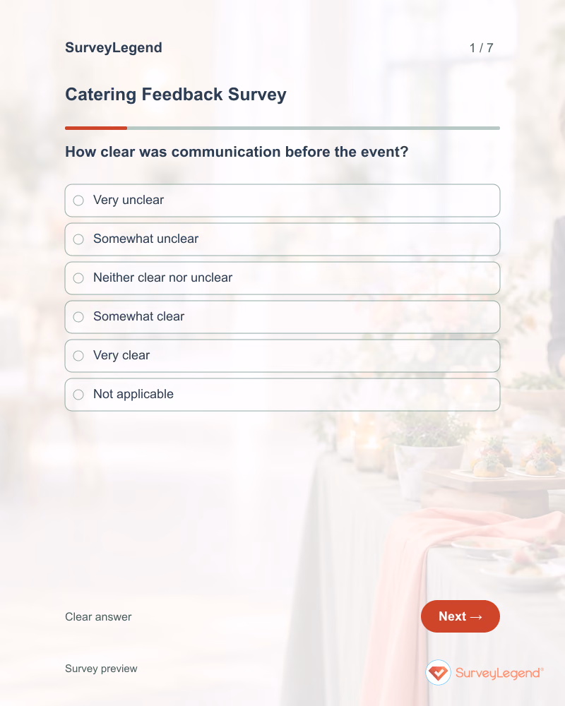 Catering Feedback Survey: first question and response field, tablet preview