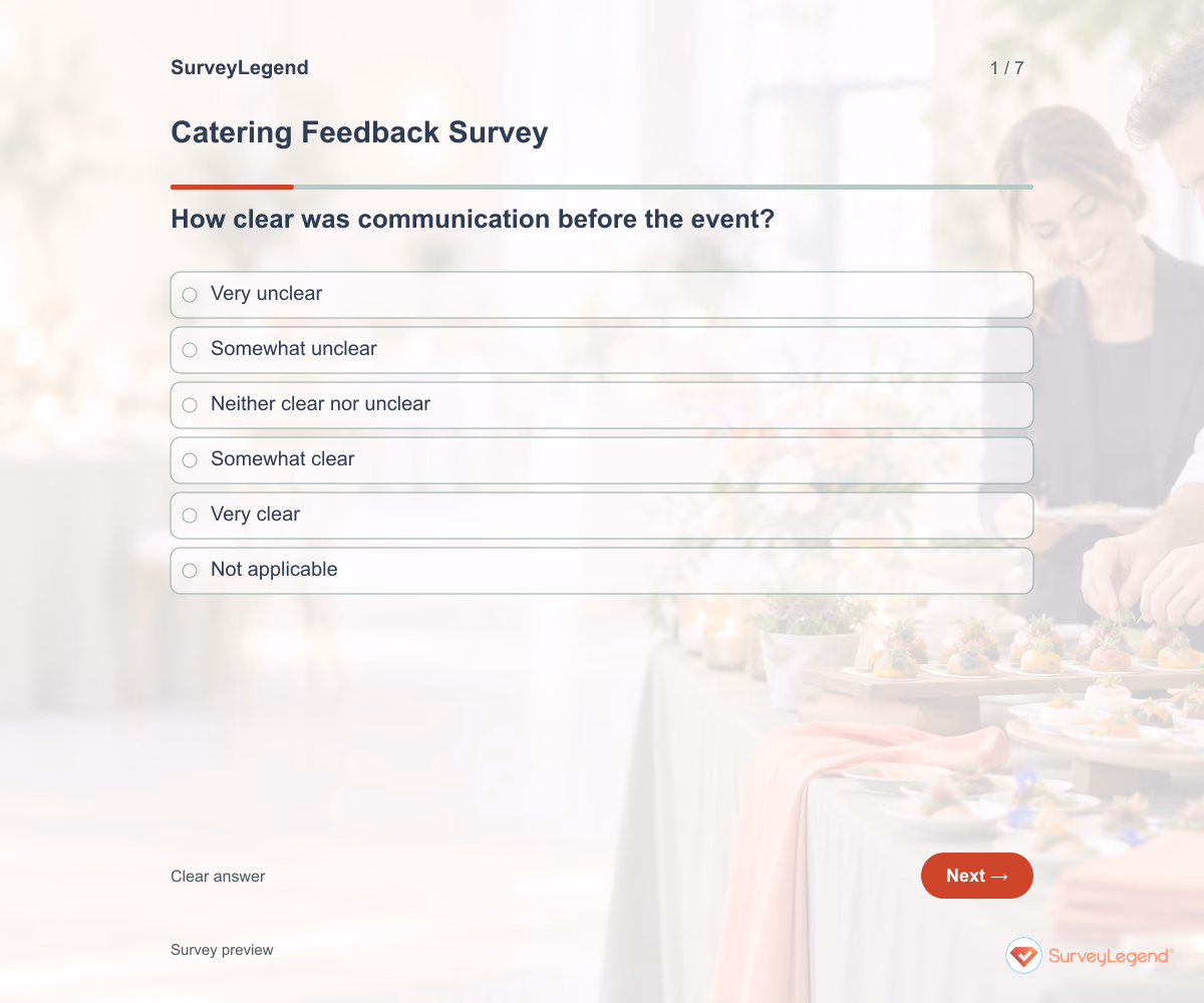 Preview of the Catering Feedback Survey demo showing its first question and answer choices