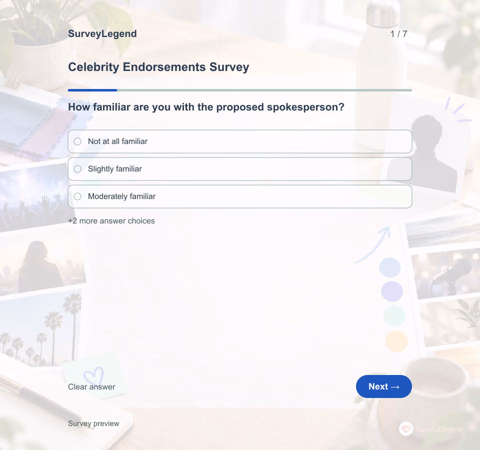 Preview of the Celebrity Endorsements Survey Template showing its first question and answer choices