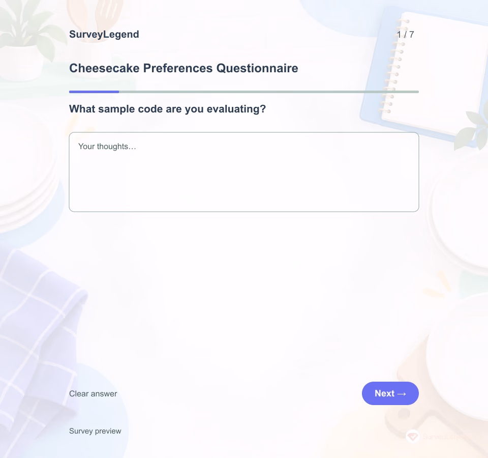 Preview of the Cheesecake Preferences Questionnaire Template showing its first question and answer choices