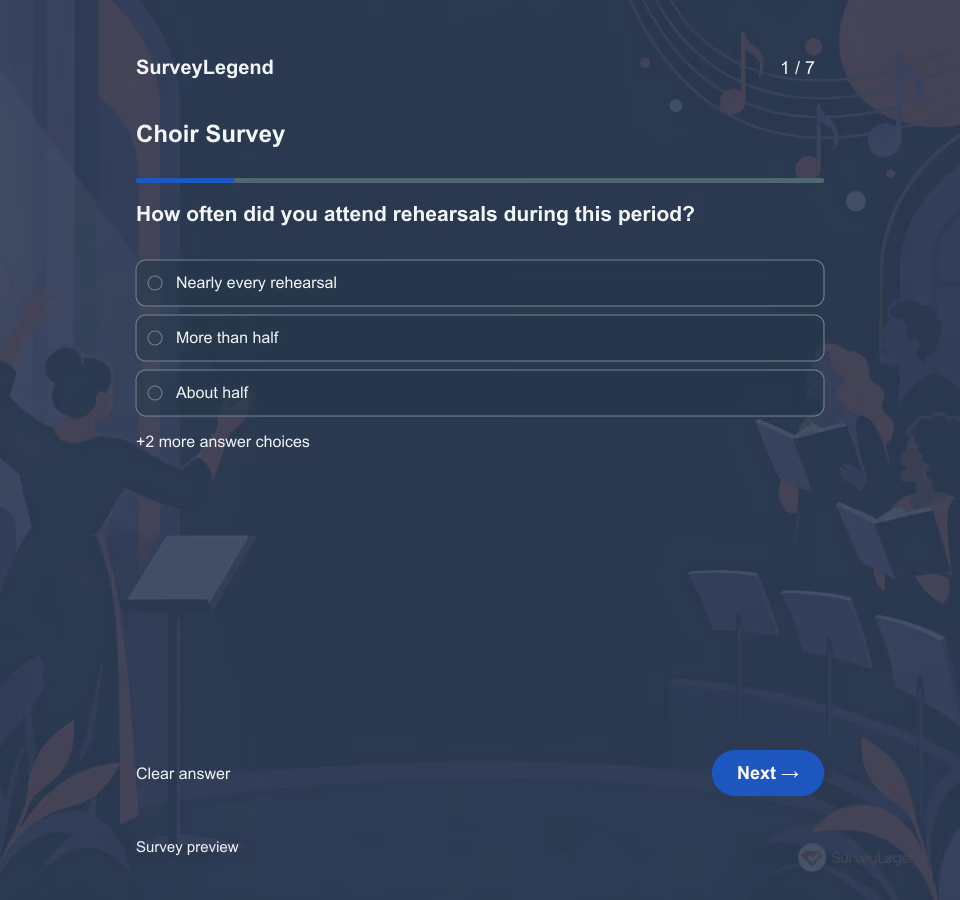 Preview of the Choir Survey Template showing its first question and answer choices