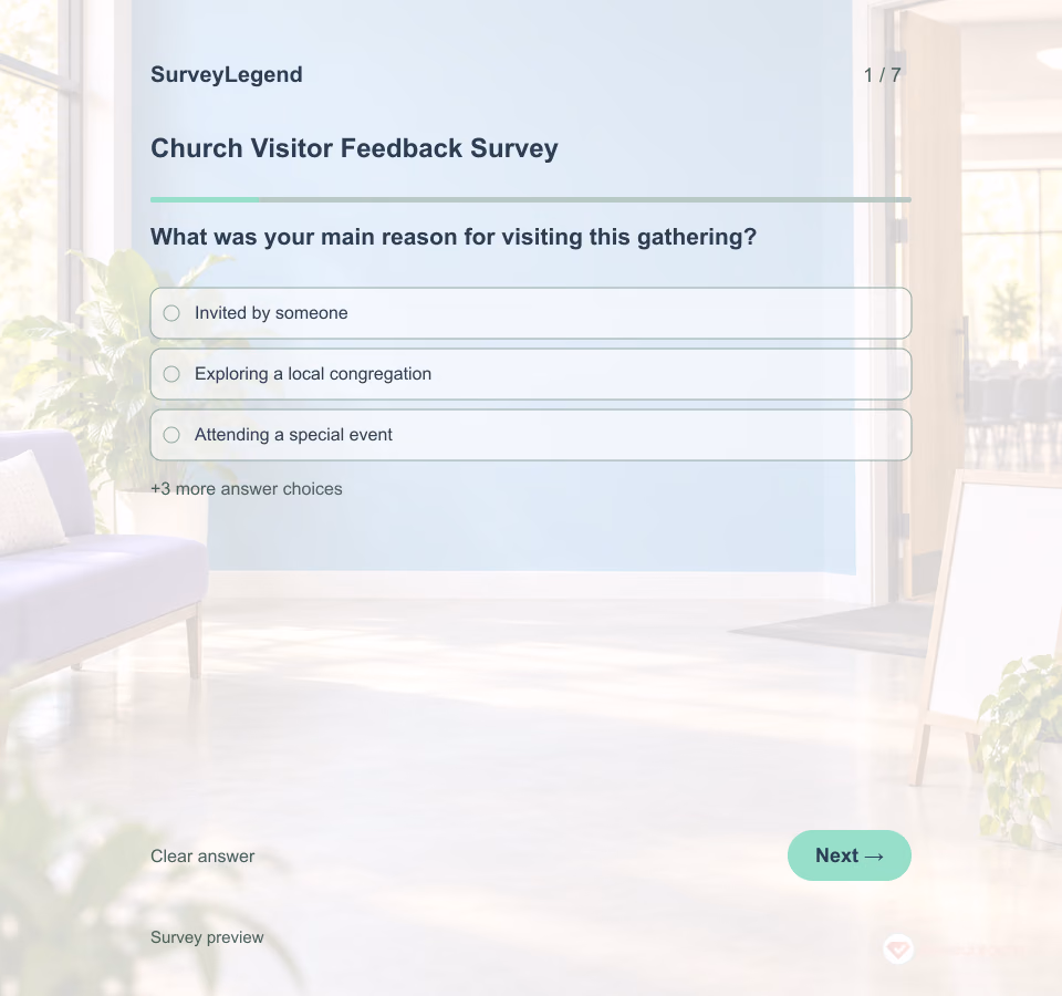 Preview of the Church Visitor Feedback Survey Template showing its first question and answer choices