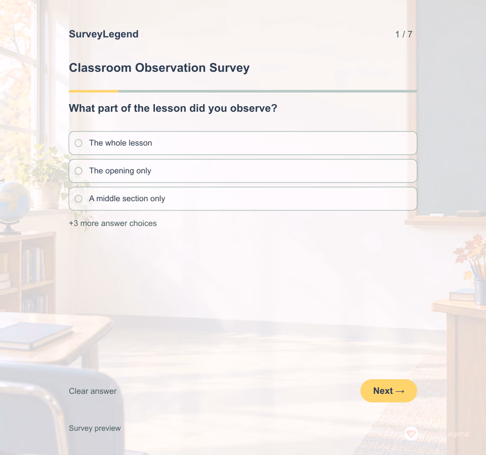 Preview of the Classroom Observation Survey Template showing its first question and answer choices