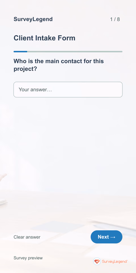 Client Intake Form: first question and response field, mobile preview