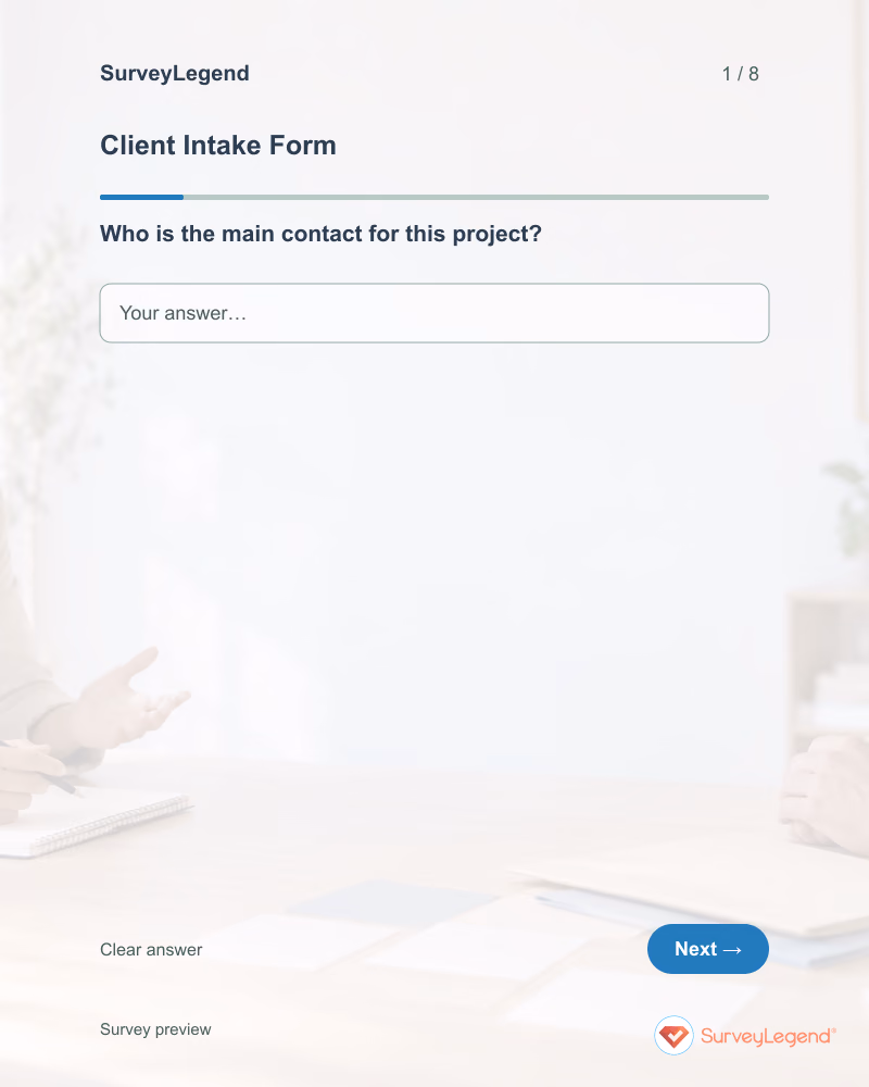 Client Intake Form: first question and response field, tablet preview
