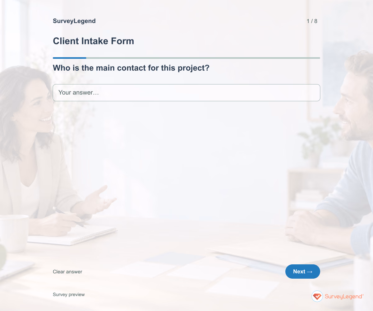 Preview of the Client Intake Form demo showing its first question and answer choices