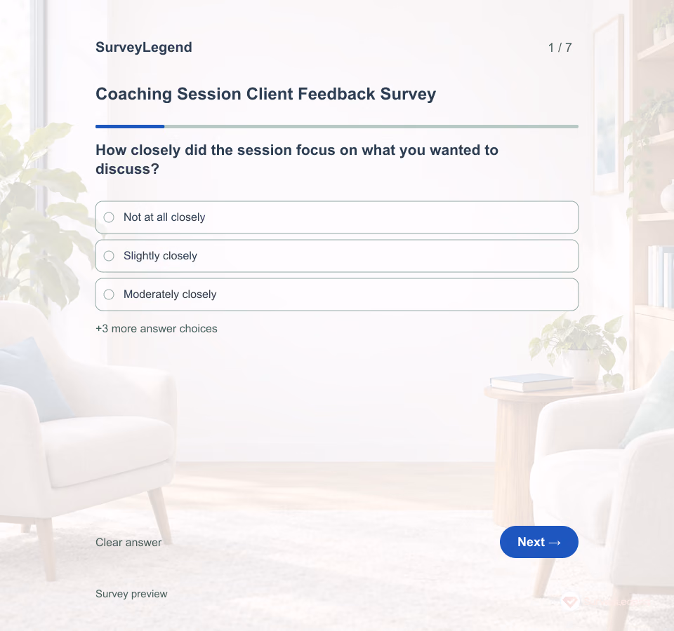 Preview of the Coaching Session Client Feedback Survey Template showing its first question and answer choices