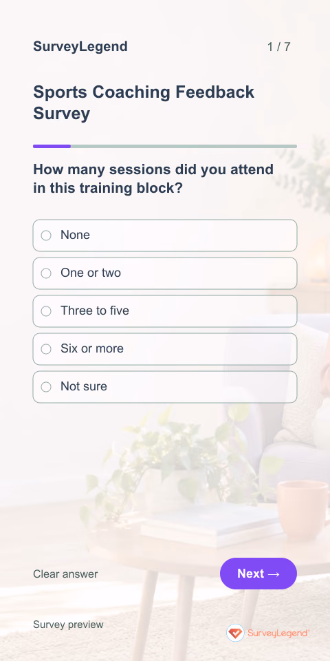 Sports Coaching Feedback Survey: first question and response field, mobile preview