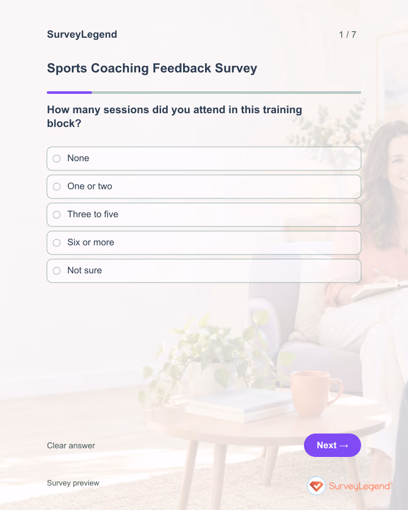 Sports Coaching Feedback Survey: first question and response field, tablet preview