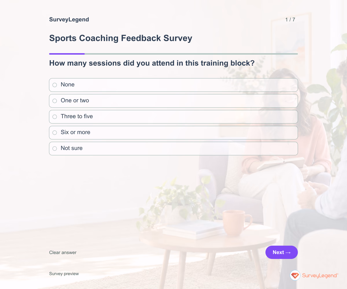 Preview of the Sports Coaching Feedback Survey demo showing its first question and answer choices