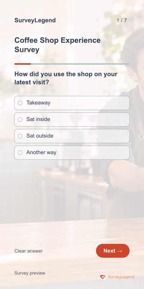 Coffee Shop Experience Survey: first question and response field, mobile preview