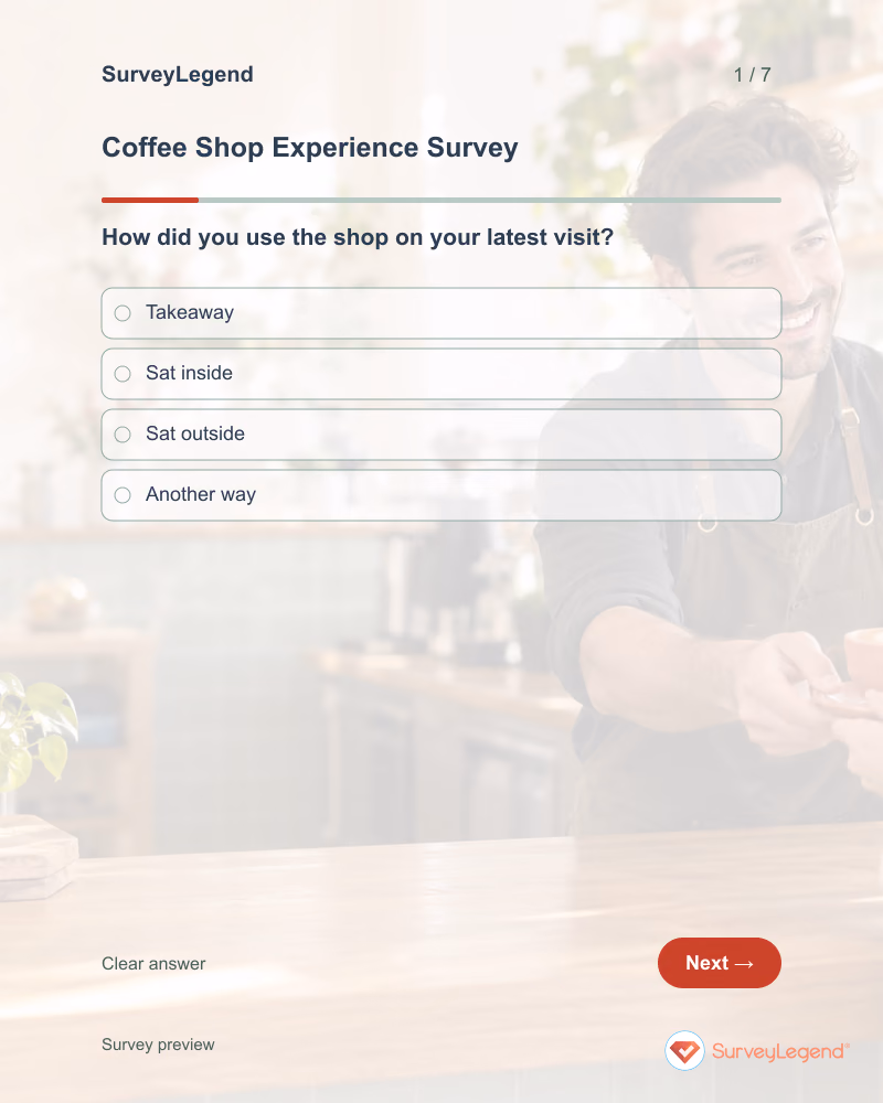 Coffee Shop Experience Survey: first question and response field, tablet preview