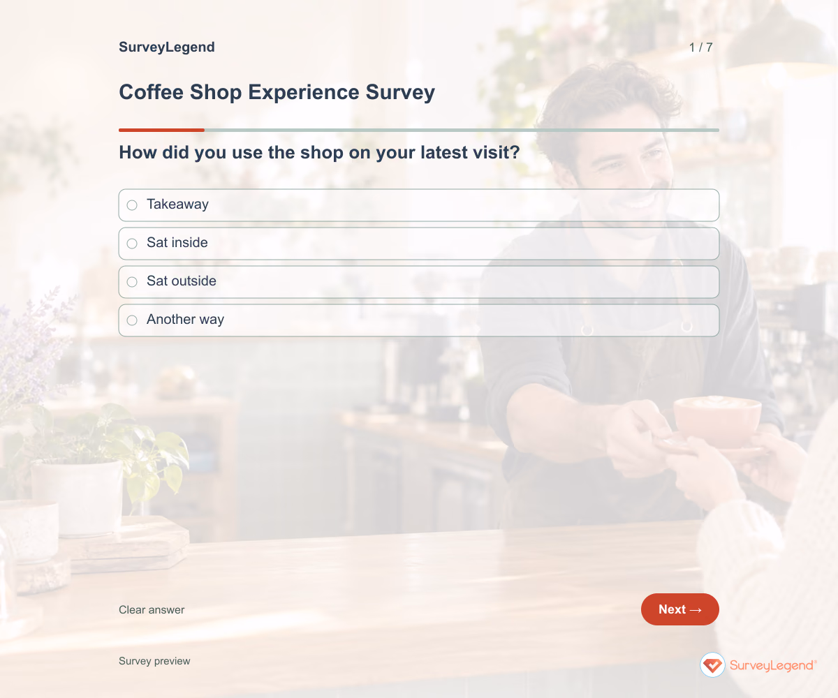 Preview of the Coffee Shop Experience Survey demo showing its first question and answer choices