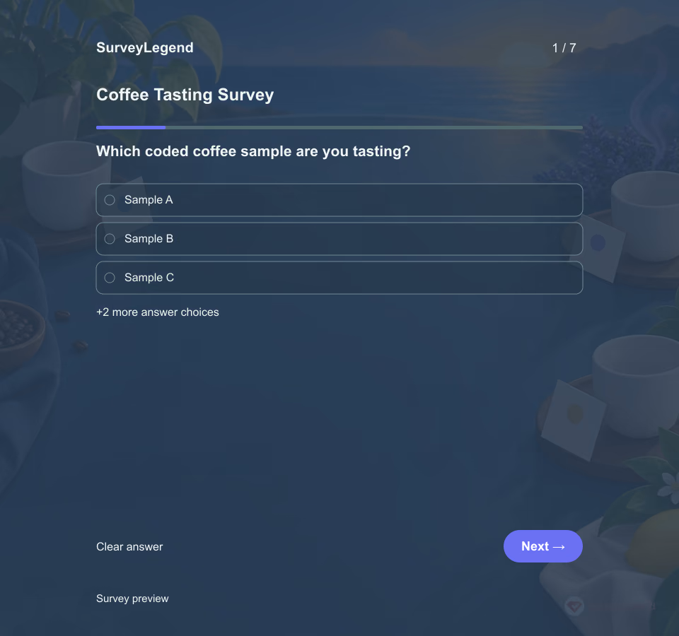 Preview of the Coffee Tasting Survey Template showing its first question and answer choices