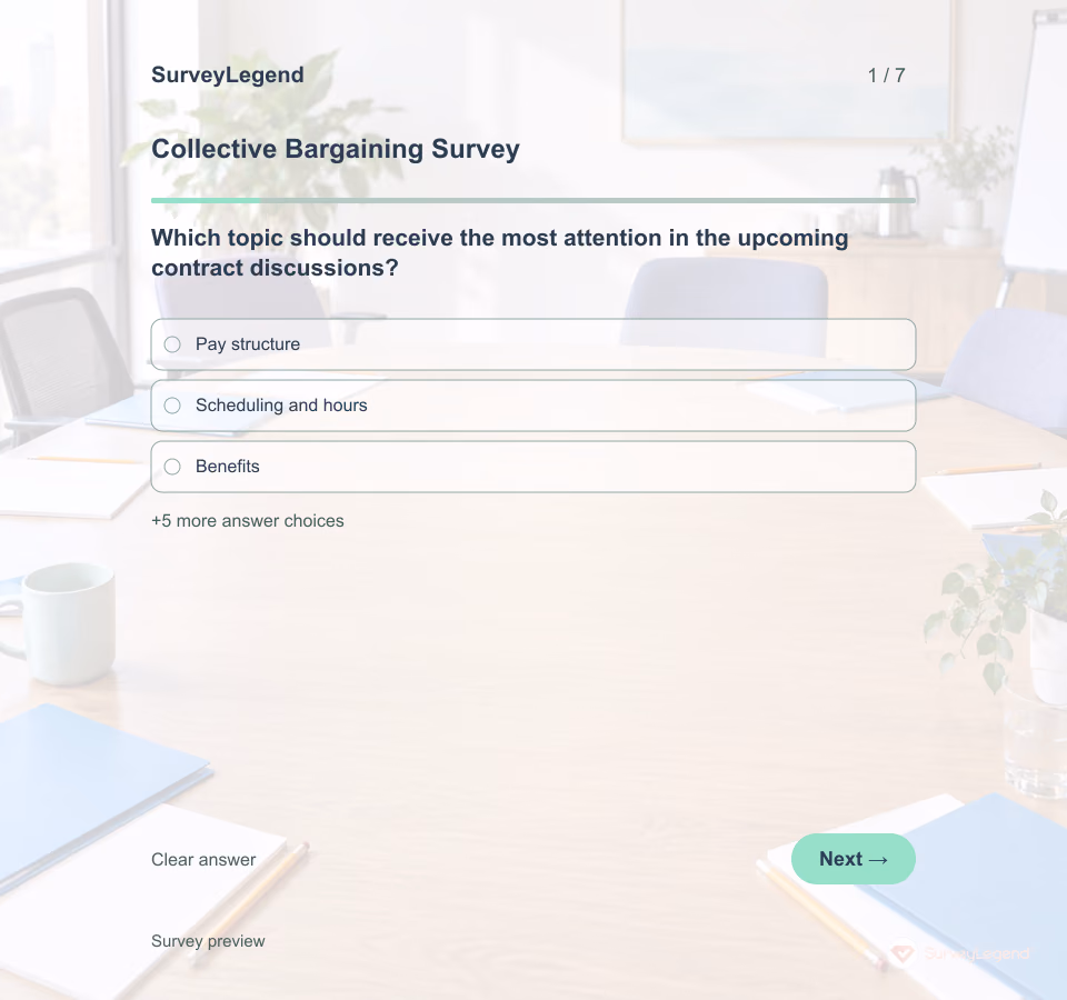 Preview of the Collective Bargaining Survey Template showing its first question and answer choices