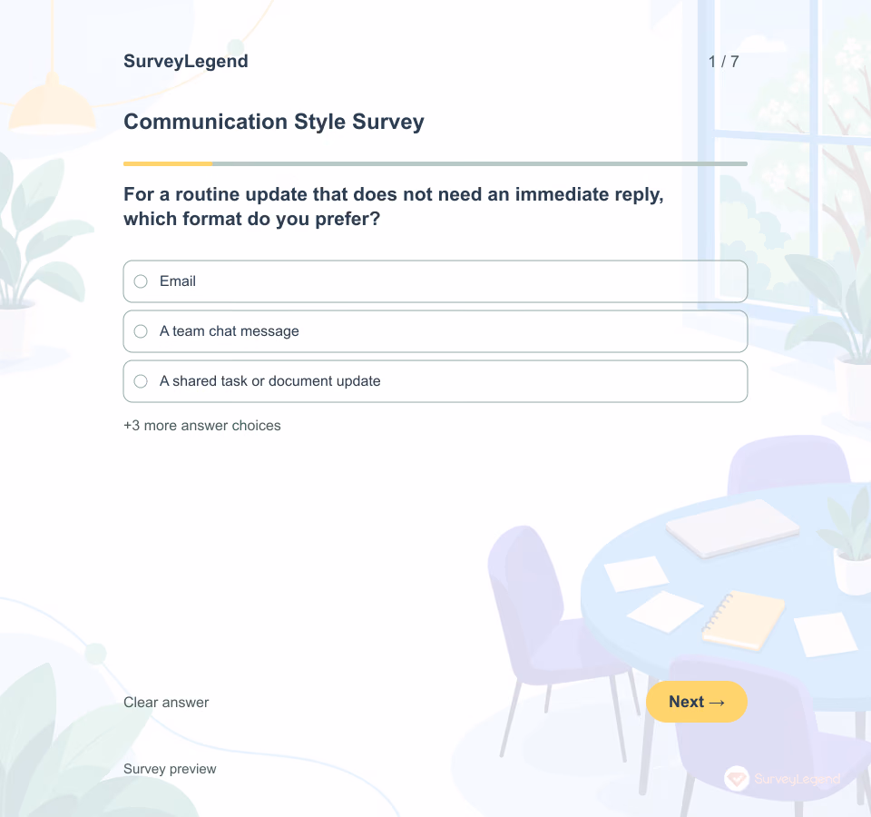 Preview of the Communication Style Survey Template showing its first question and answer choices