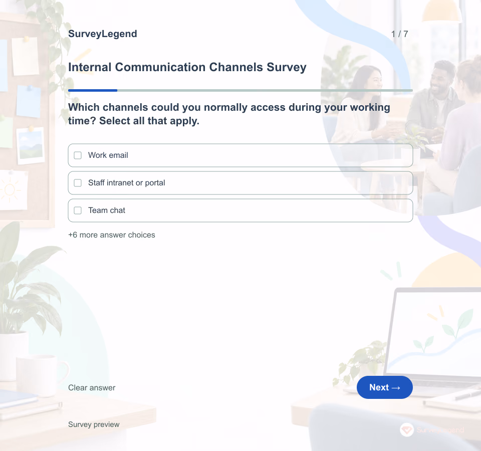 Preview of the Internal Communication Channels Survey Template showing its first question and answer choices