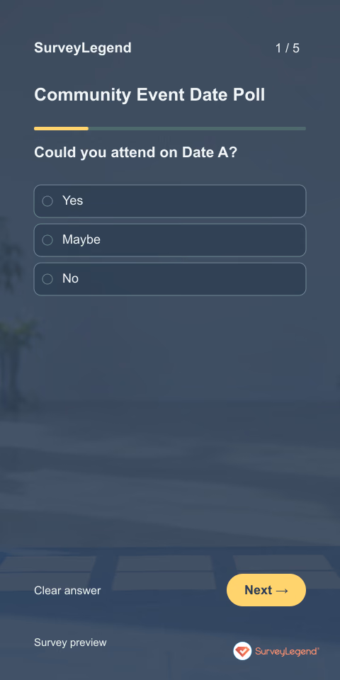 Community Event Date Poll: first question and response field, mobile preview