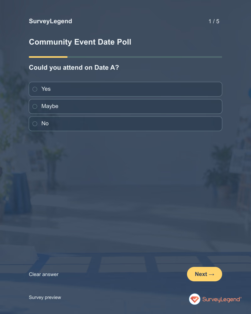 Community Event Date Poll: first question and response field, tablet preview