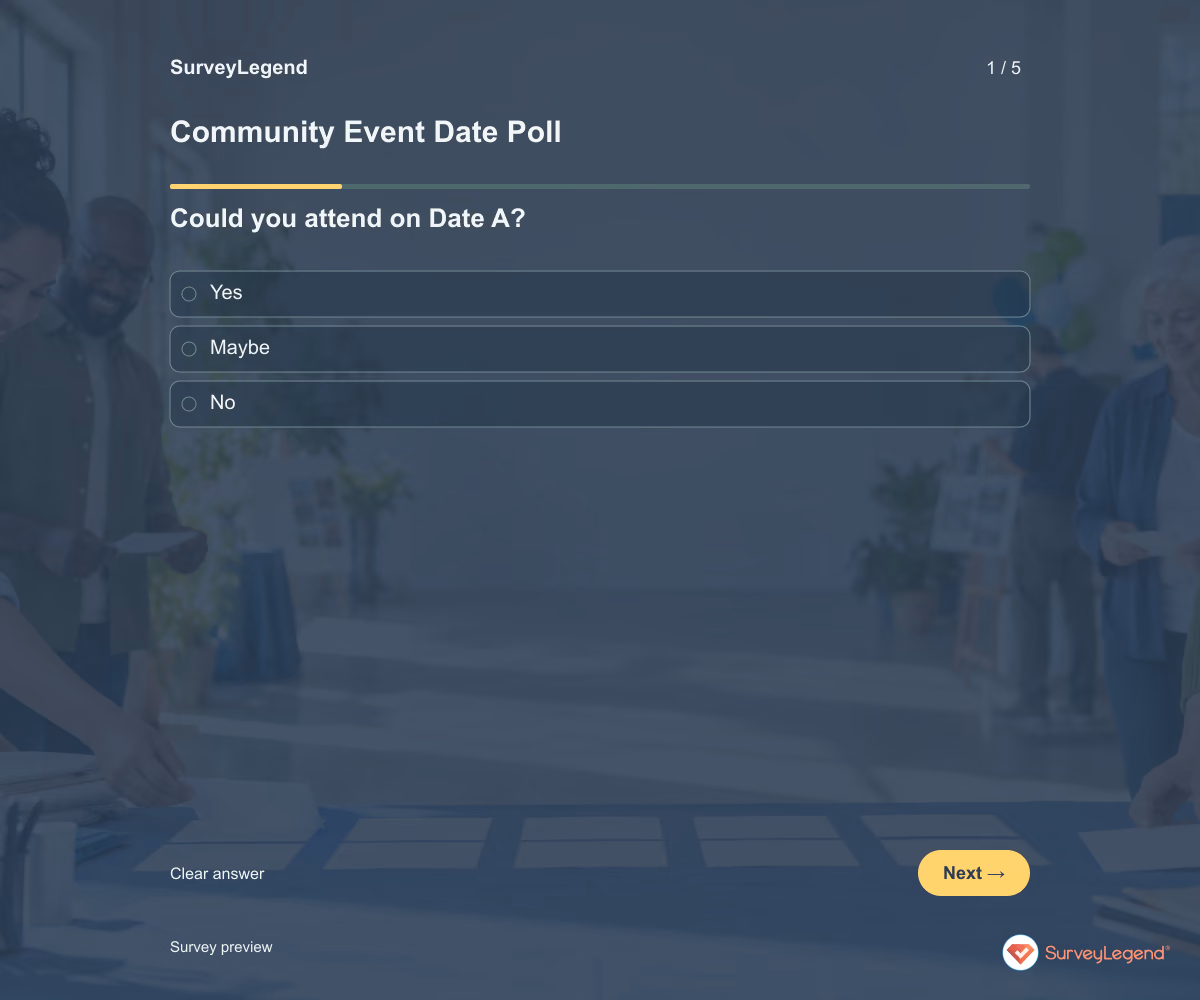 Preview of the Community Event Date Poll demo showing its first question and answer choices