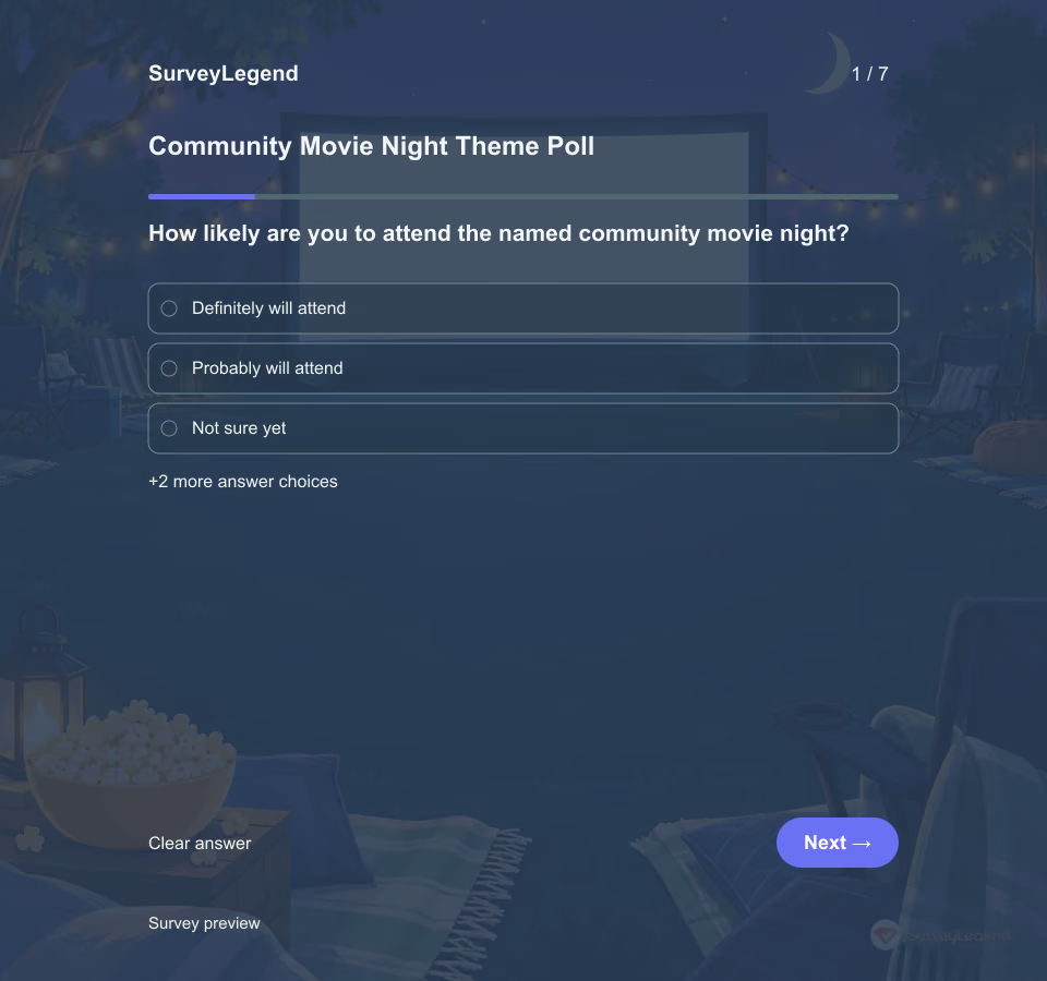 Preview of the Community Movie Night Theme Poll Template showing its first question and answer choices