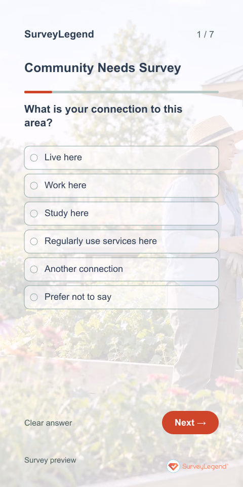 Community Needs Survey: first question and response field, mobile preview