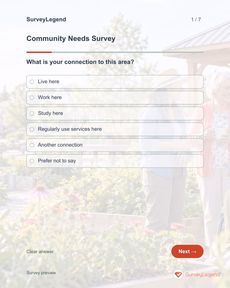 Community Needs Survey: first question and response field, tablet preview