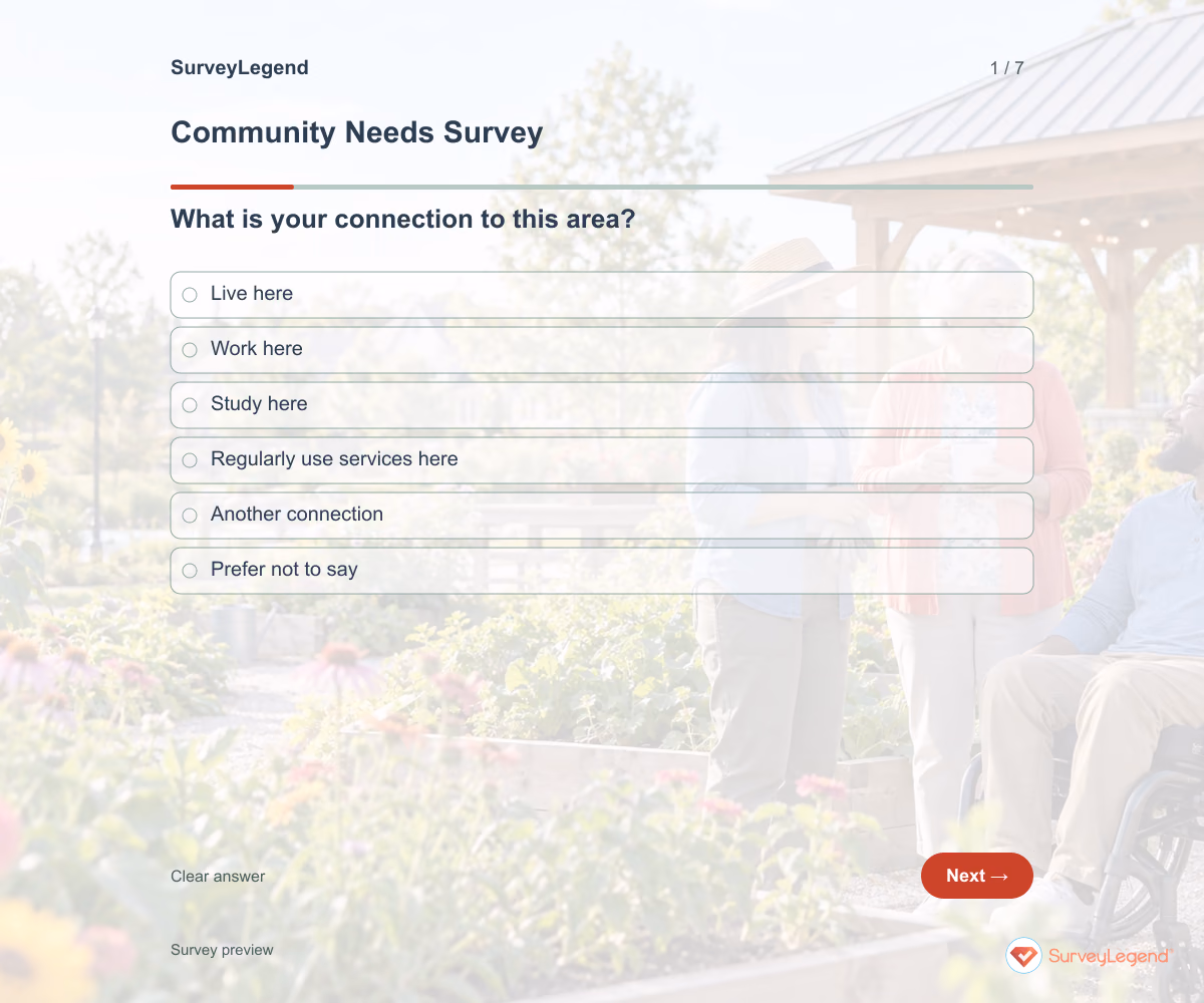 Preview of the Community Needs Survey demo showing its first question and answer choices