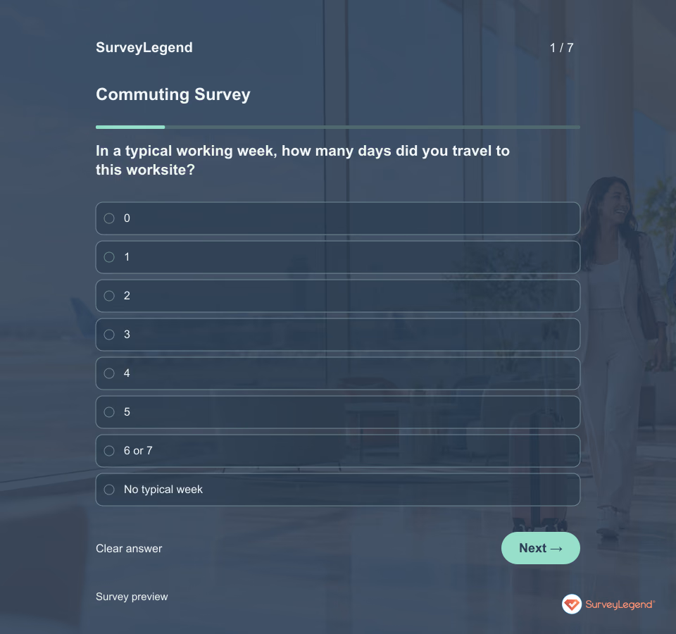 Preview of the Commuting Survey Template demo showing its first question and answer choices