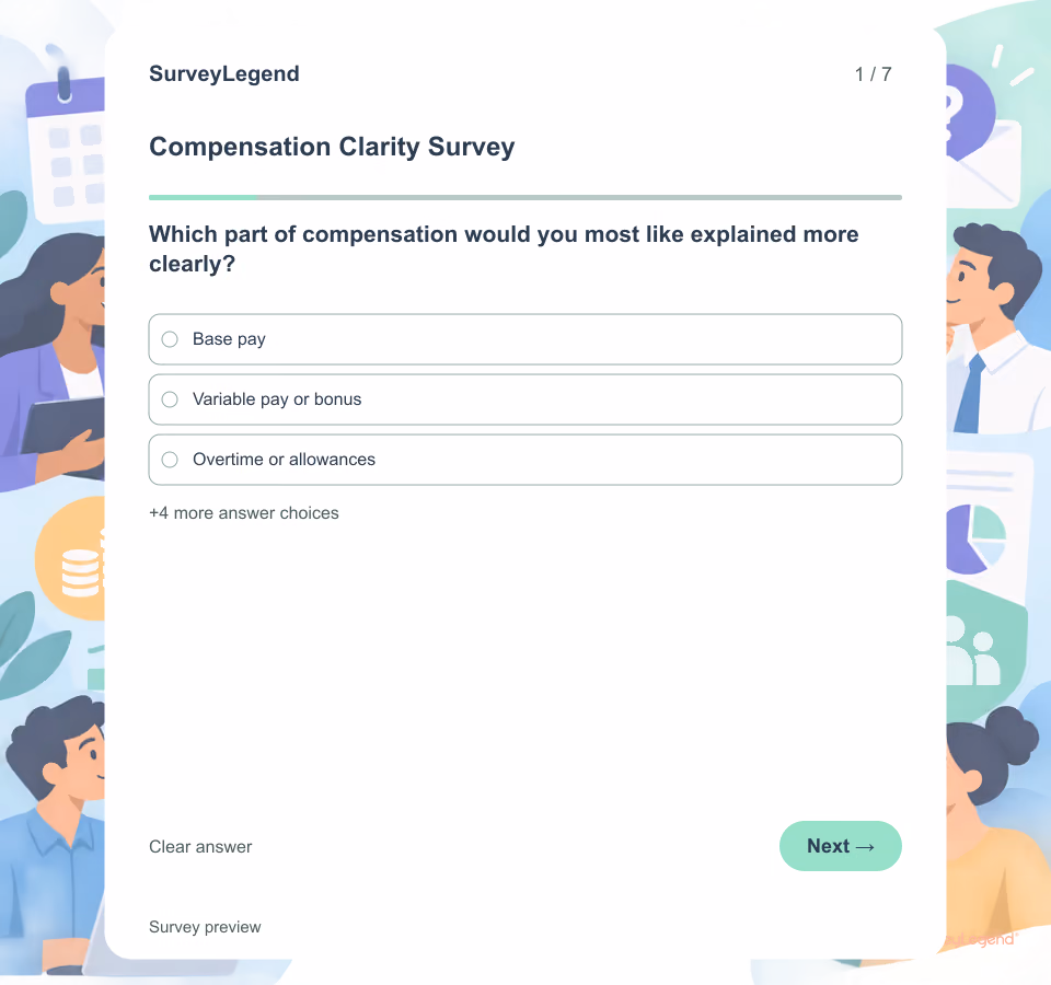 Preview of the Compensation Clarity Survey Template showing its first question and answer choices