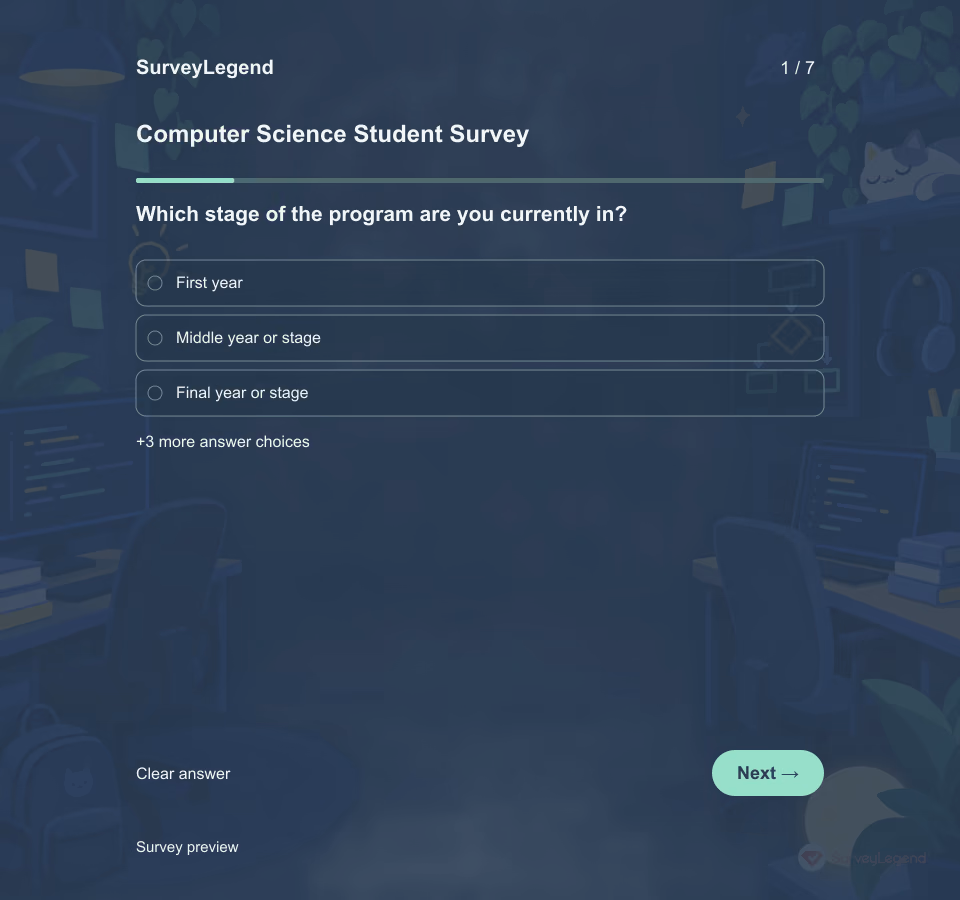 Preview of the Computer Science Student Survey Template showing its first question and answer choices