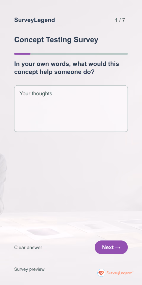 Concept Testing Survey: first question and response field, mobile preview
