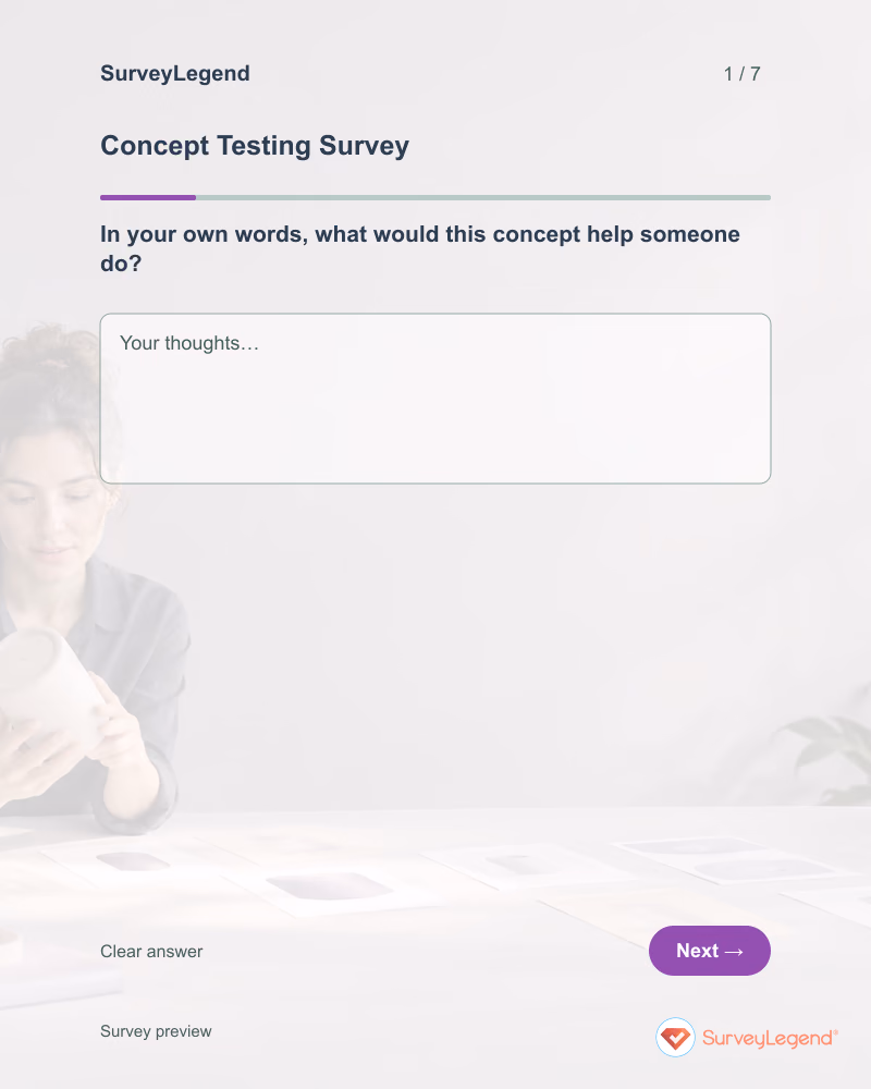 Concept Testing Survey: first question and response field, tablet preview